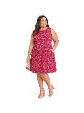 Talbots Red Floral Romantic Sleeveless Dress Women14 Cotton/Spandex Pockets Boho